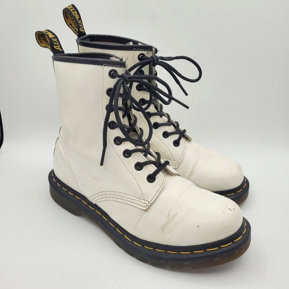 Dr Martens Womens Sz 8 EU 39 Patent White Leather Boots 11821 Combat Distressed - Picture 1 of 16